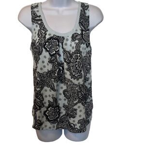 Express Blue Black Floral Print Back Tie Scoop Neck Blouse Tank Top Small Casual
